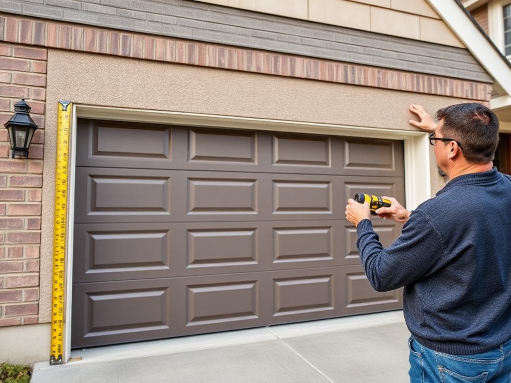 Homeowner measuring garage door opening dimensions with measuring tape