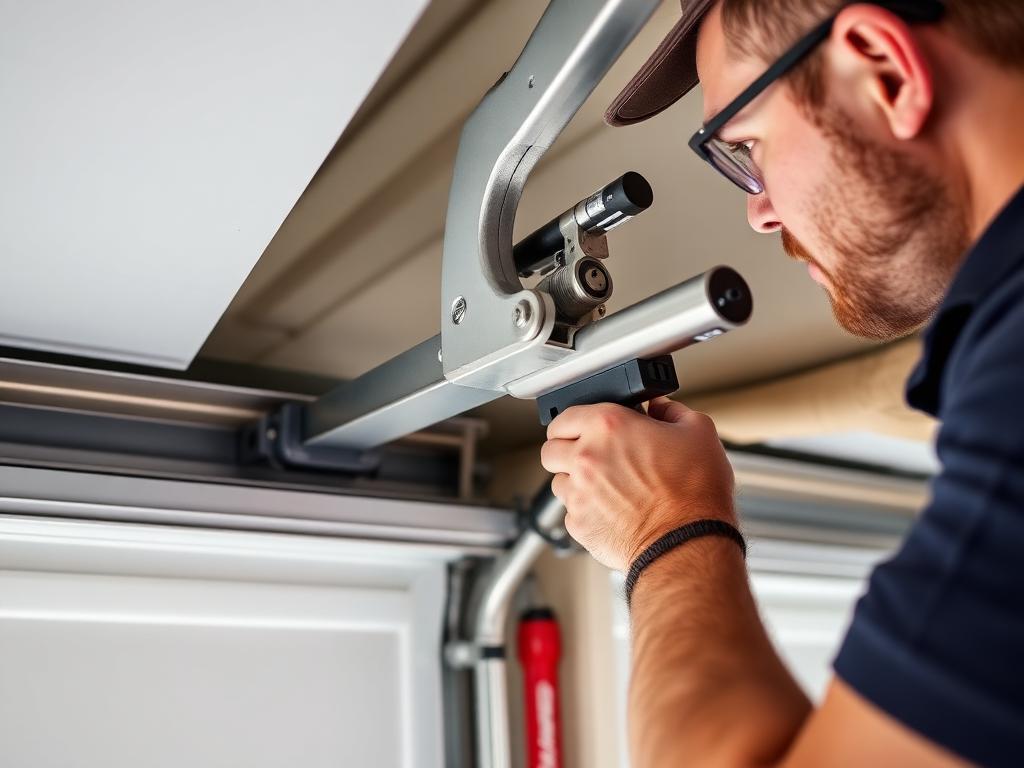 Professional technician adjusting garage door track alignment with precision tools