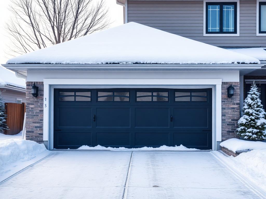 Insulated garage door in winter setting with snow and frost protection