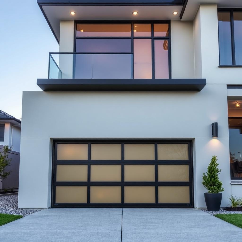 Modern glass panel garage door on contemporary home