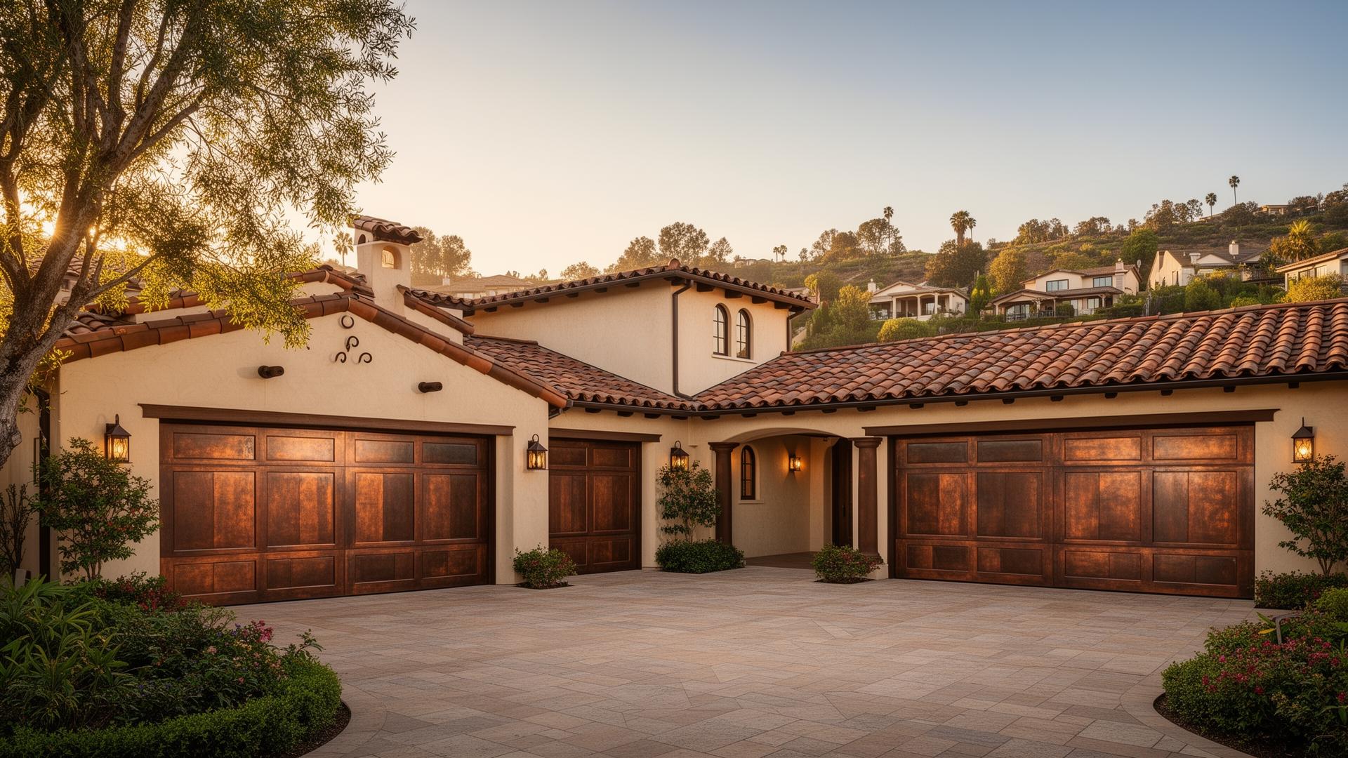 Luxury custom copper-clad garage doors on Spanish revival home in Portland, CT