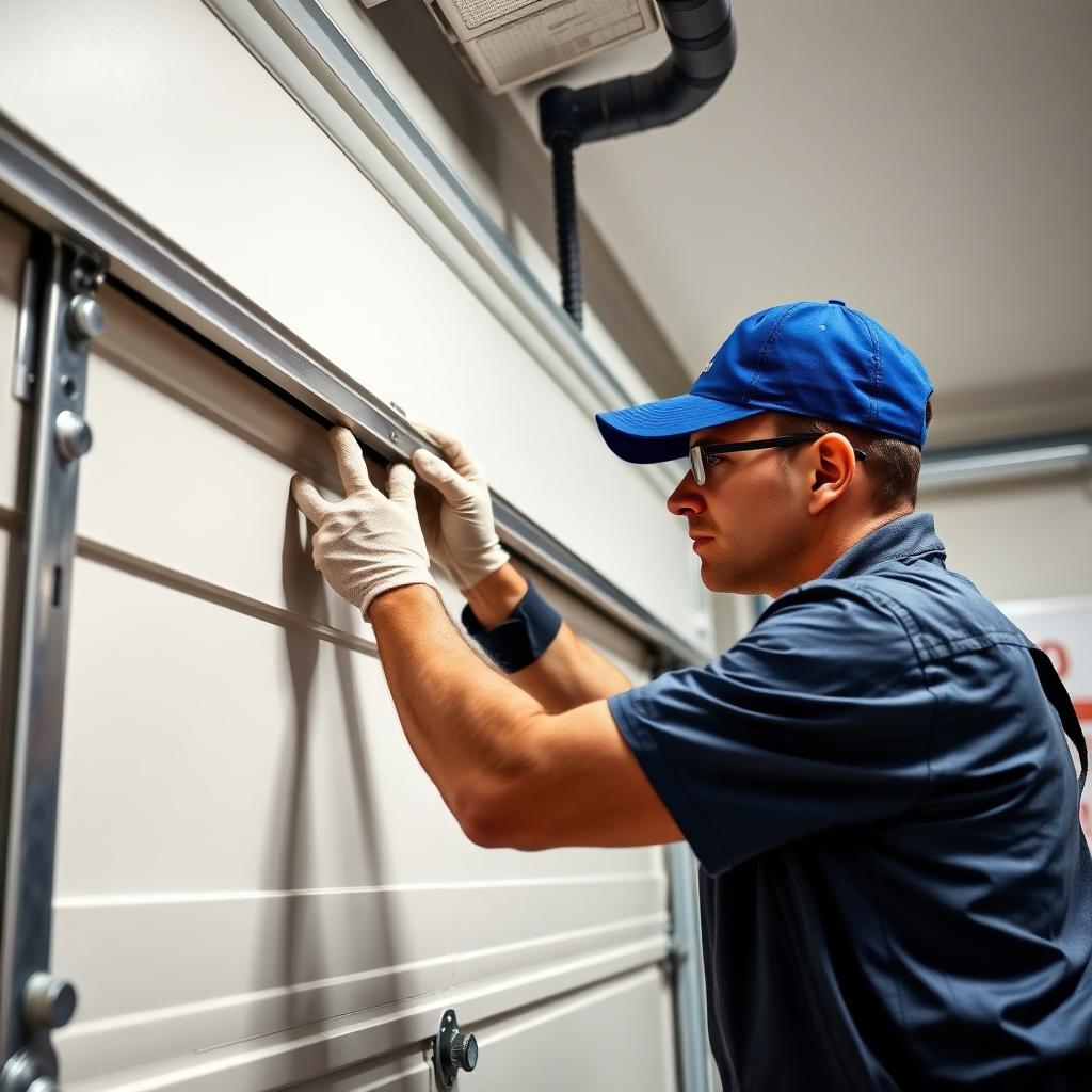 Professional technician installing new garage door panel with precision tools